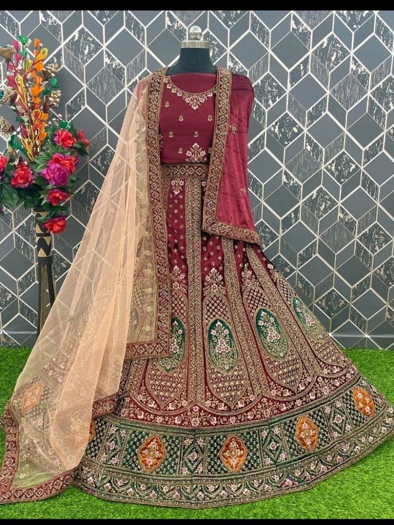 Glamorous Maroon Heavy Flower Embroidered Velvet Bridal Lehenga Choli