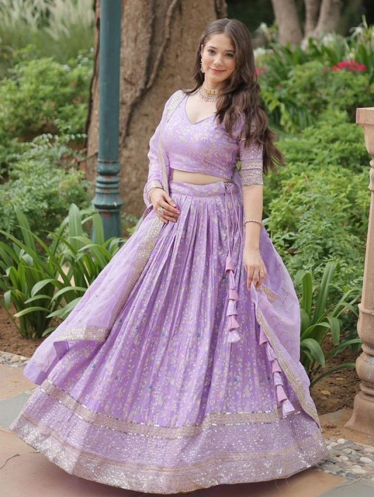 Golden Embroidered Sequins Work Lavender Lehenga Choli Dupatta Set