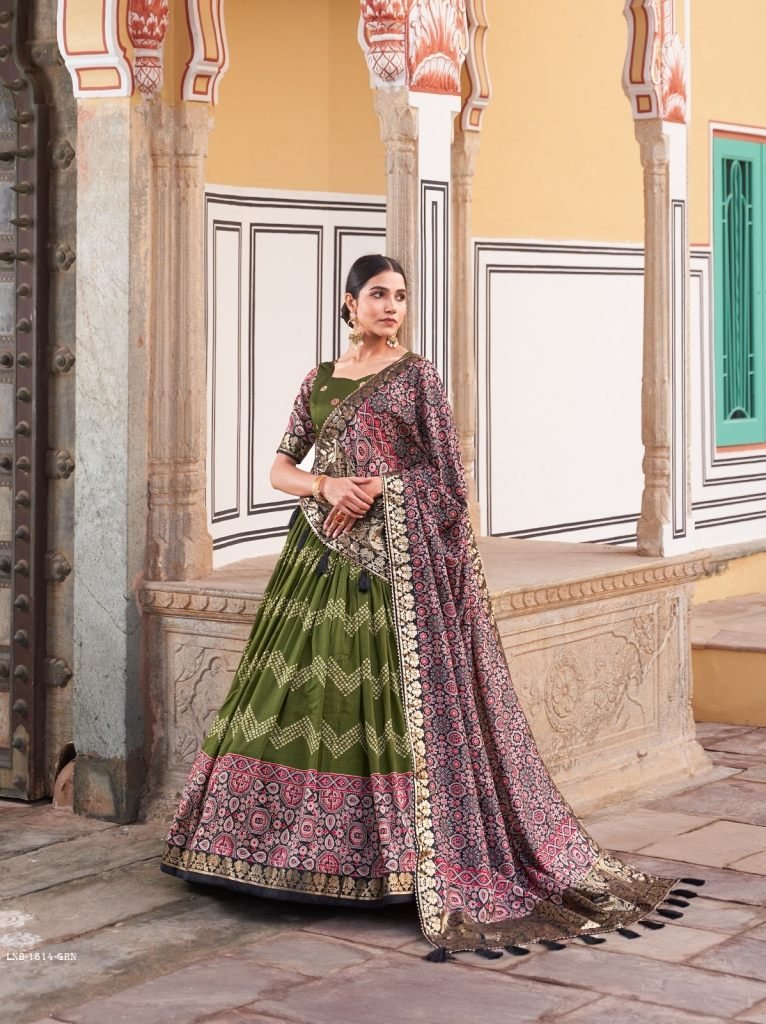 Green Ajarakh Printed Tussar Silk Lehenga Choli
