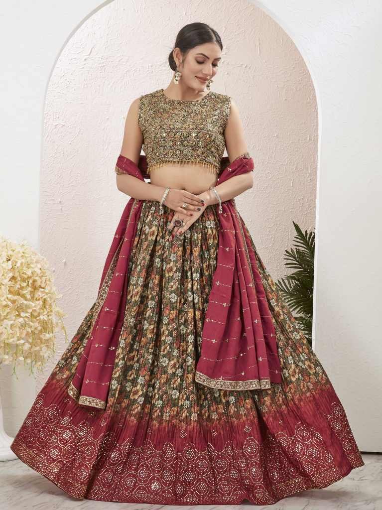 Green and Red Printed Mukaish Work Lehenga Choli