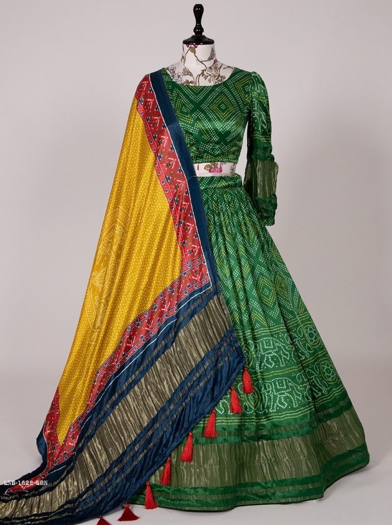 Green Bandhej Digital Printed Pure Gaji Silk With Yellow Dupatta