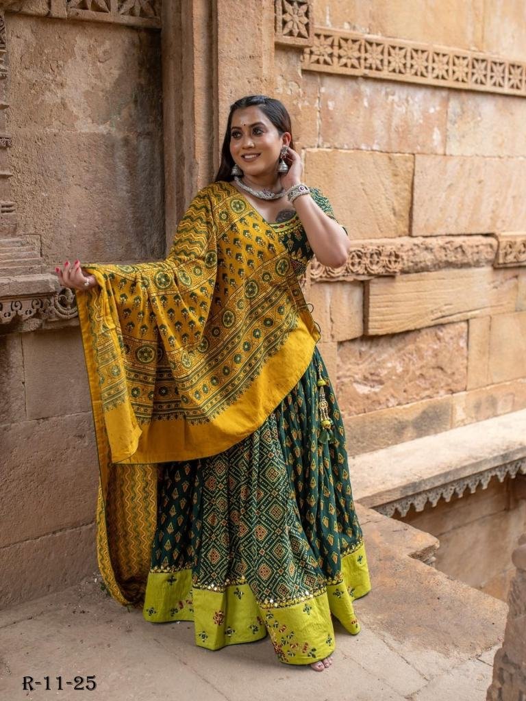 Green Digital Printed Cotton Lehenga