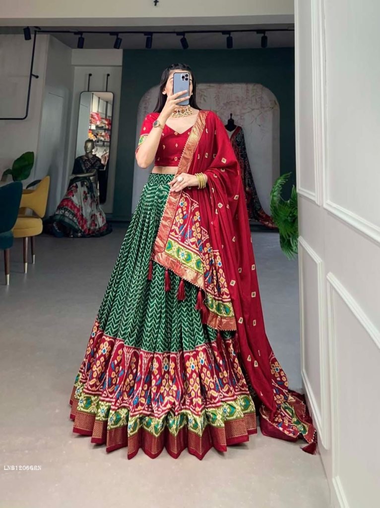 Green Foil Print With Patola Tussar Silk Lehenga