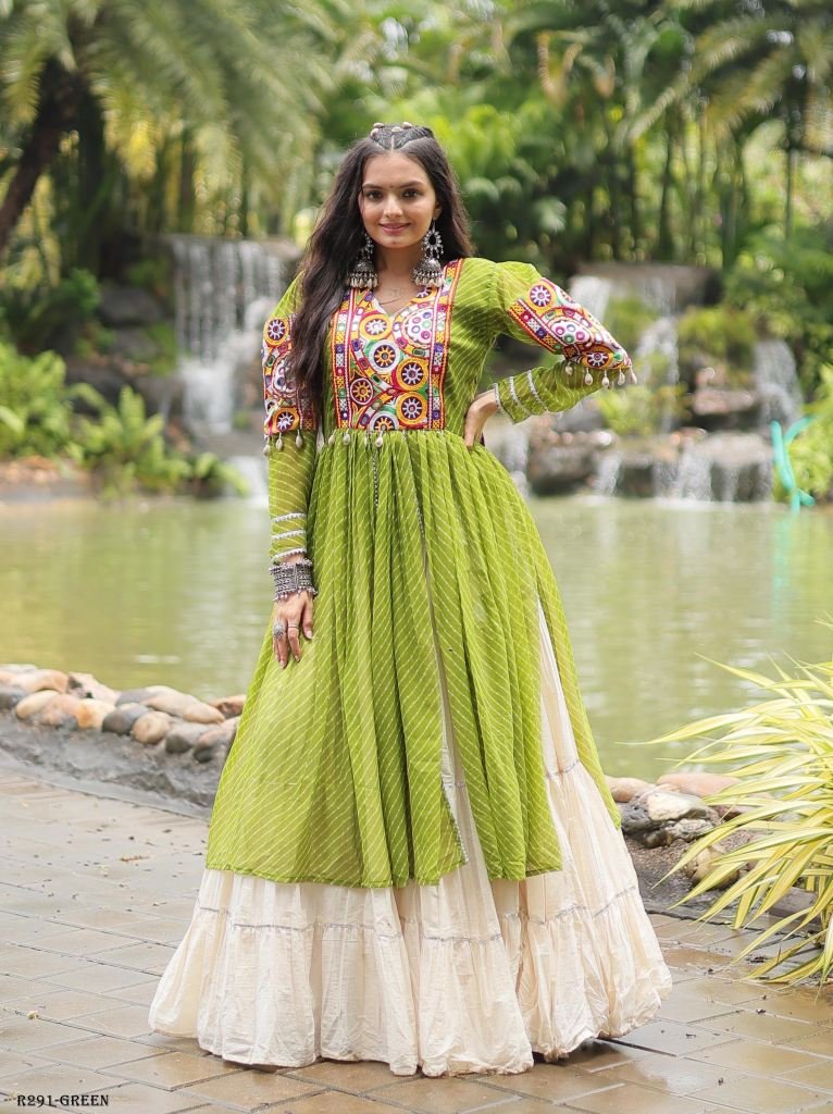 Green Navratri Collection Kora Cotton Lehenga Choli
