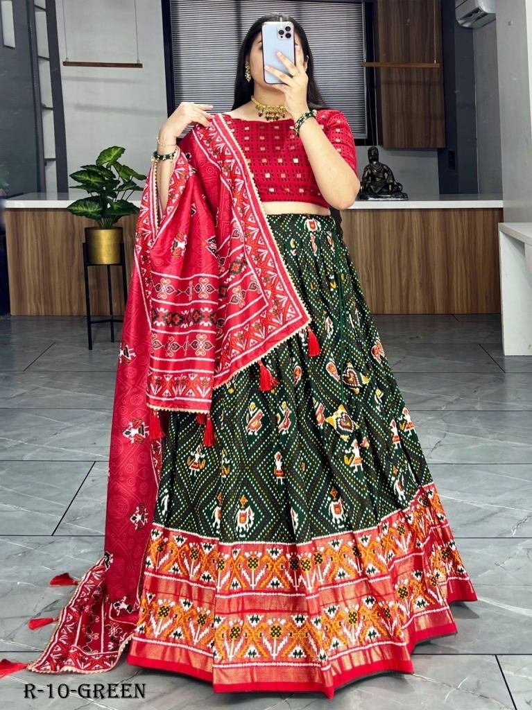 Green Patola And Bandhani Print Tussar Silk Lehenga Choli With Red Blouse