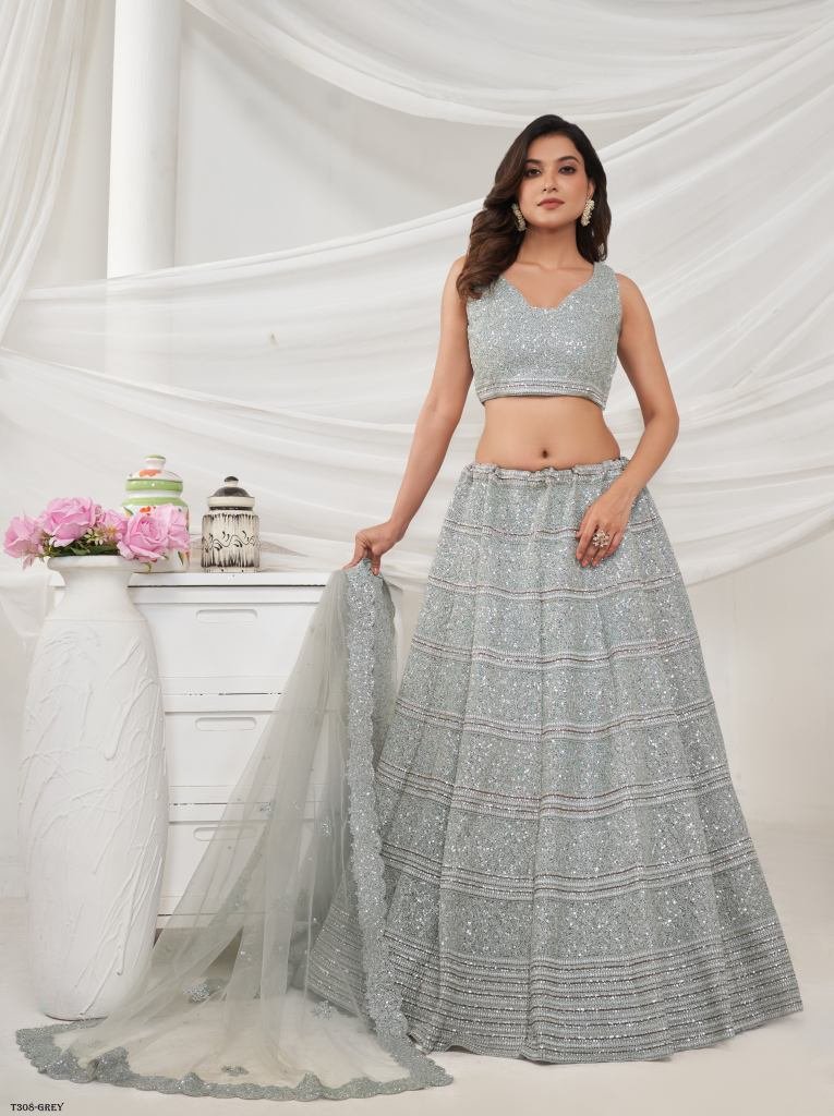 Grey Soft Net Embroidery Work Lehenga Choli