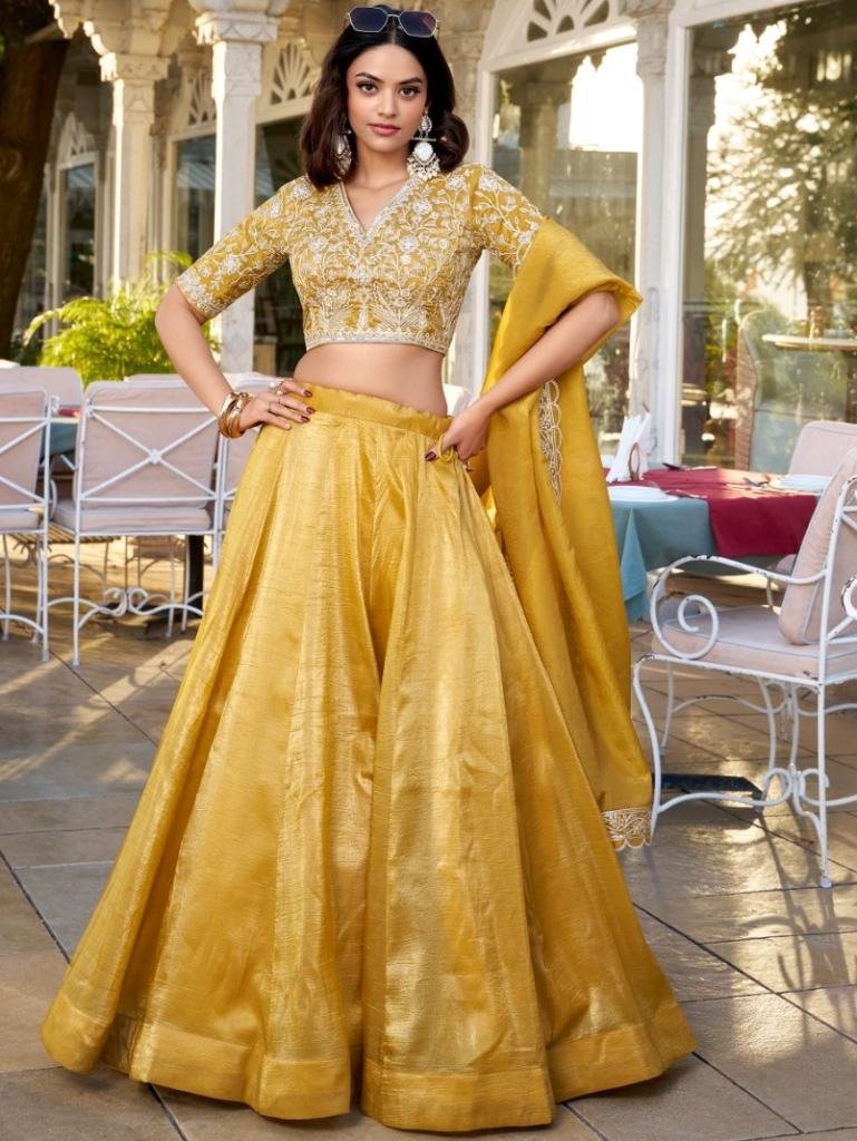 Haldi Ceremony Goldie Fabric Embroidery Work Lehenga Choli Dupatta Set