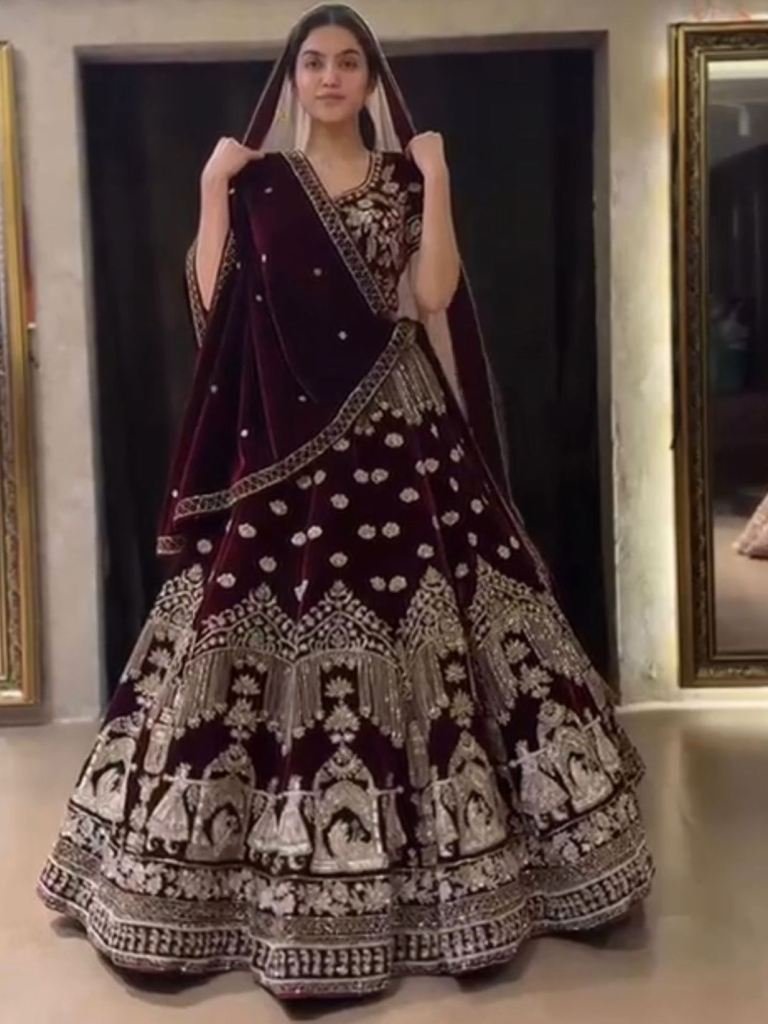 Heavy Coding Sequins Work Brown 9000 Velvet Wedding Lehenga Choli With Dupatta