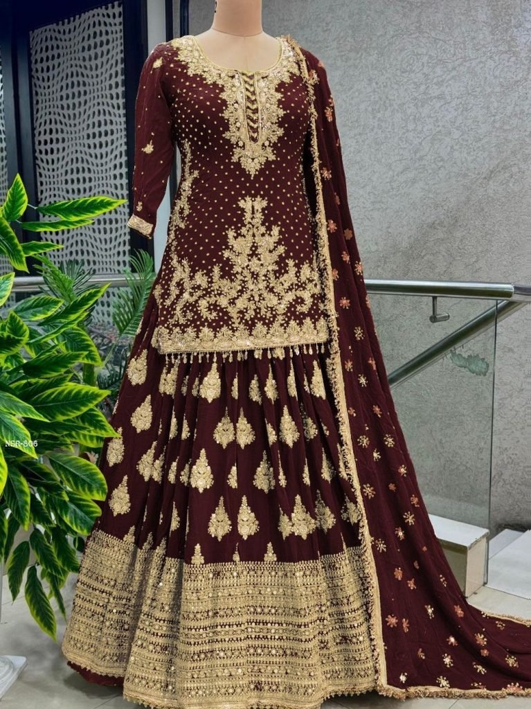 Heavy Embroidered Maroon Chinon Silk Peplum Top Lehenga Choli