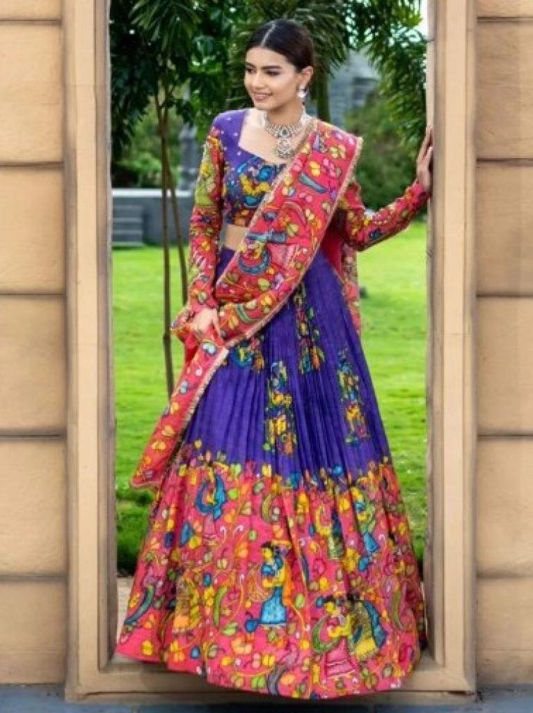 Kalamkari Print Chinon Fabric South Indian Lehenga