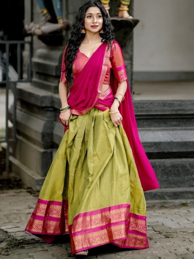 Kanchipuram Fabric Zari Weaving Work Half Lehenga Saree