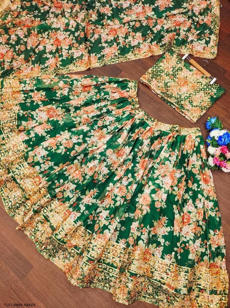 Latest Collection Dark Green Organza Digital Print Lehenga Choli
