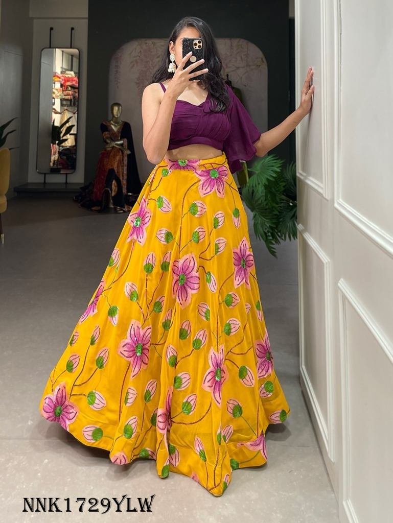 Latest Georgette Sequins Crop Top Lehenga Choli