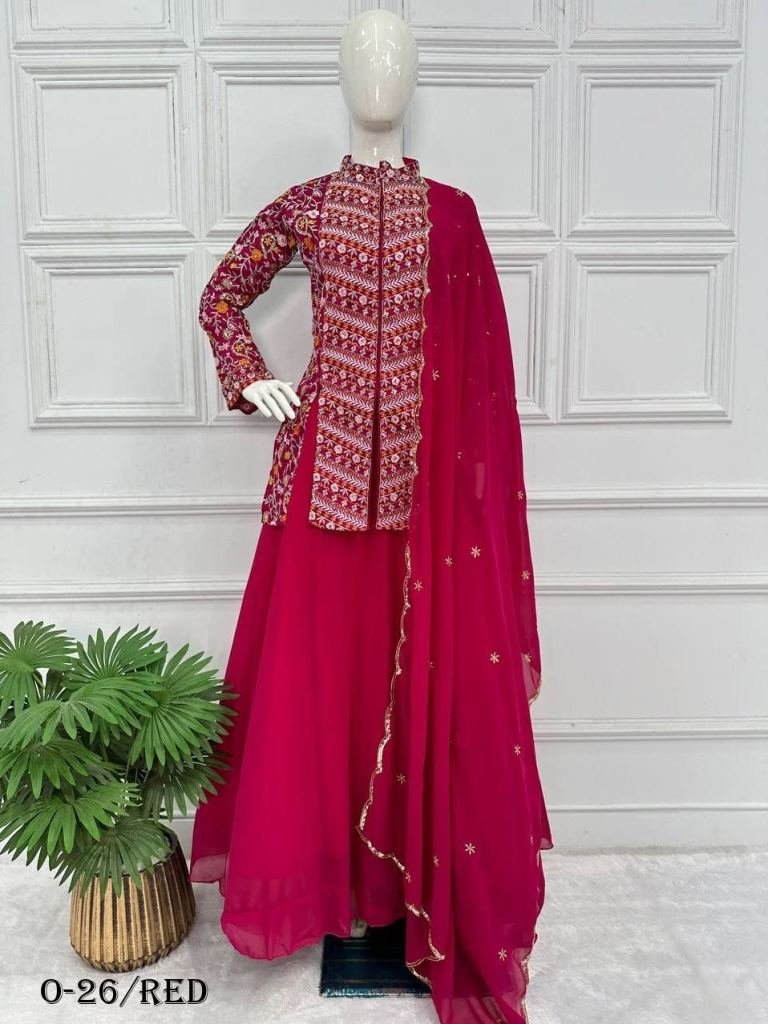 Latest Red Georgette Lehenga With Embroidered Koti and Dupatta