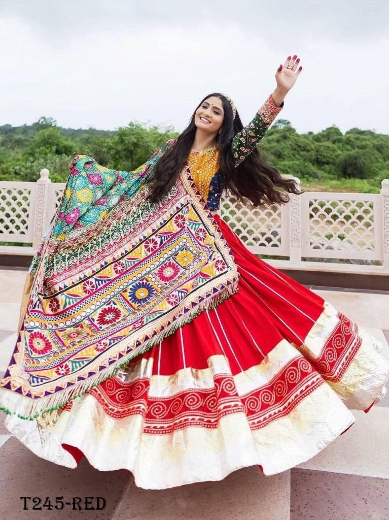 Navratri Wear Red Muslin Cotton Printed Lehenga Choli