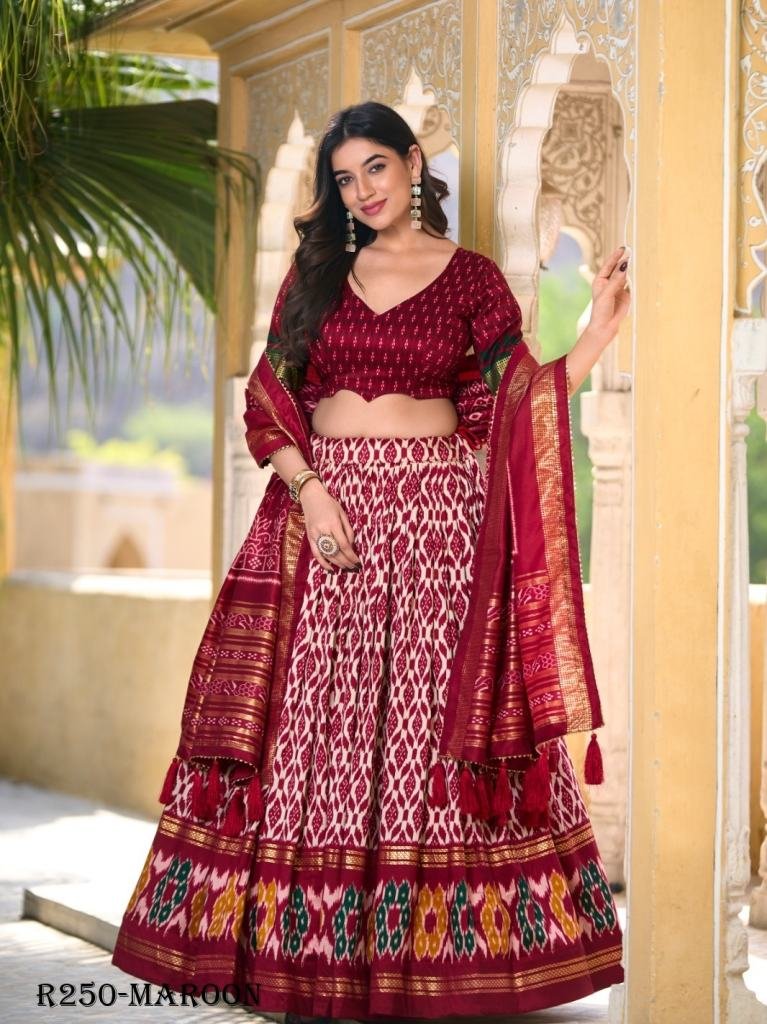 Maroon Beautiful Ikkat Printed Tussar Silk Lehenga Choli With Foil Work