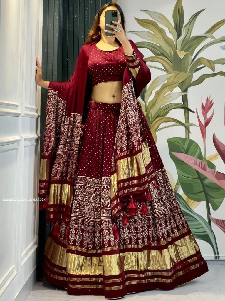 Maroon Ravishing Gaji Silk Bandhej Lehenga For Navratri