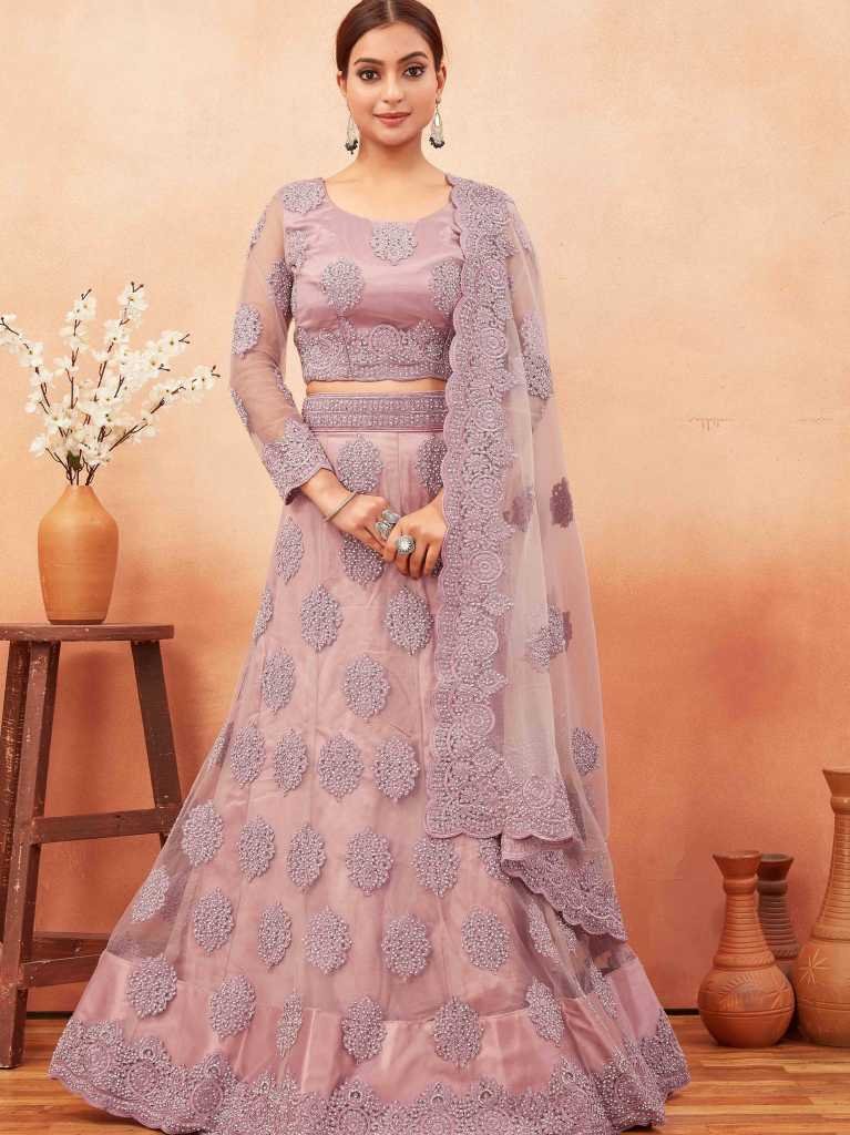 Mauve Pink Net Embroidered Lehenga choli
