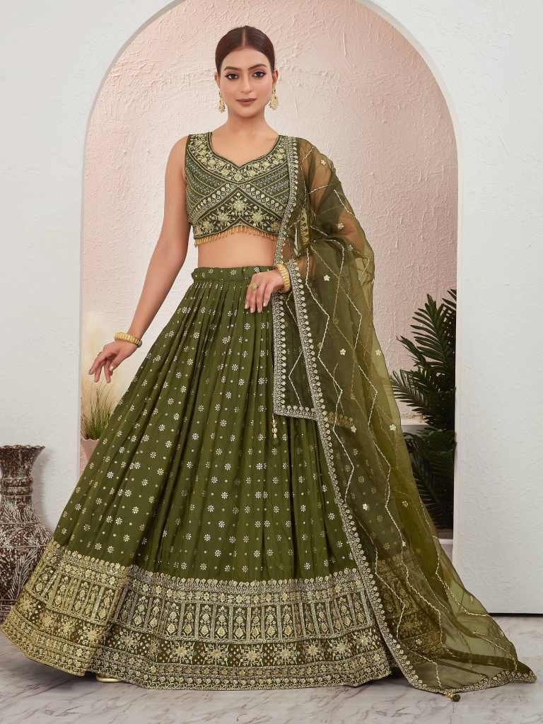 Mehendi Green Jacquard Dola Silk Lehenga Choli Set