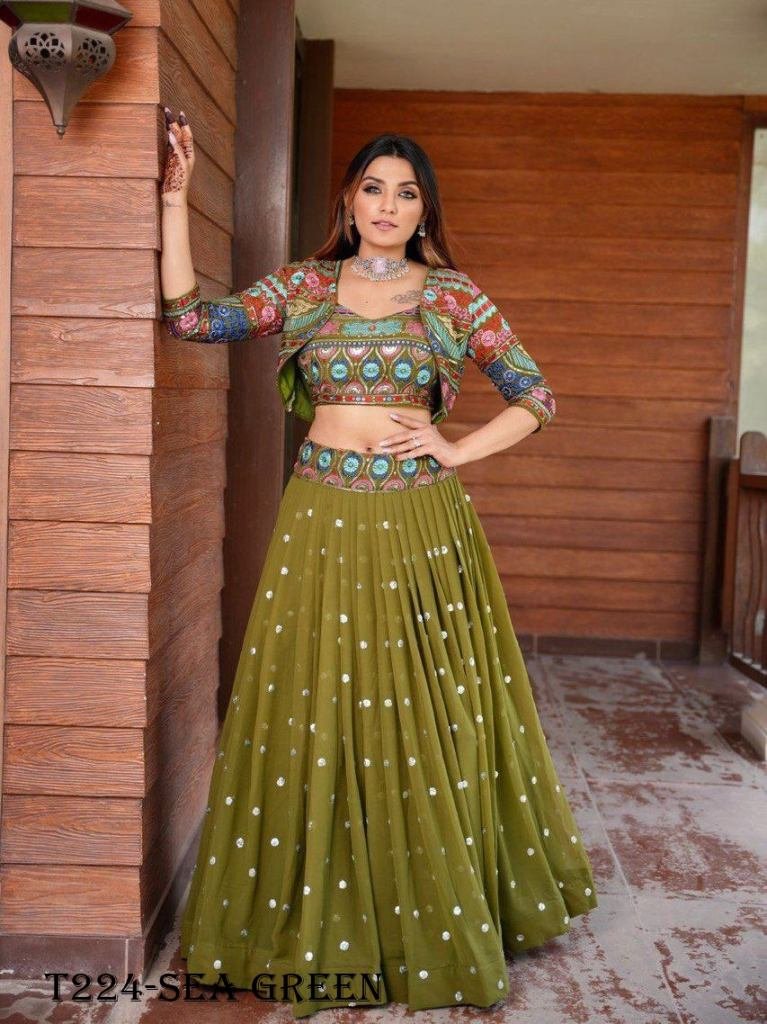 Modelling Mehendi Green Georgette Lehenga Choli With Jacket