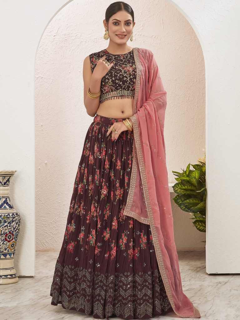 Mukaish Embroidered Work Brown Georgette Lehenga Choli