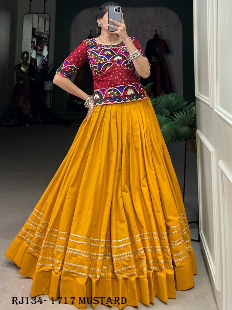 Mustard Gamthi Work Lehenga With Bandhej Print Blouse