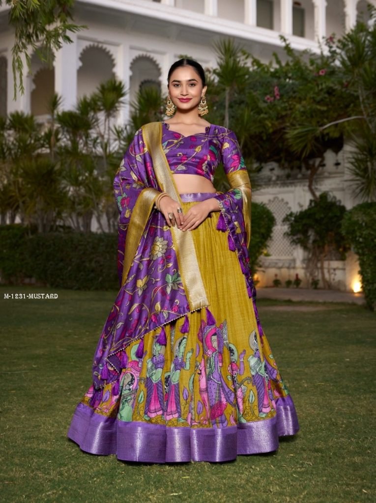 Mustard Kalamkari Printed Dola Silk Lehenga Choli by Fab Funda