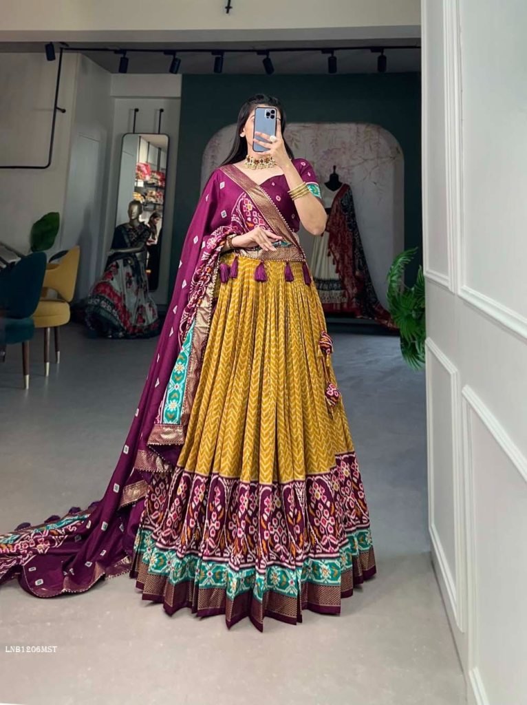 Musterd Foil Print With Patola Tussar Silk Lehenga