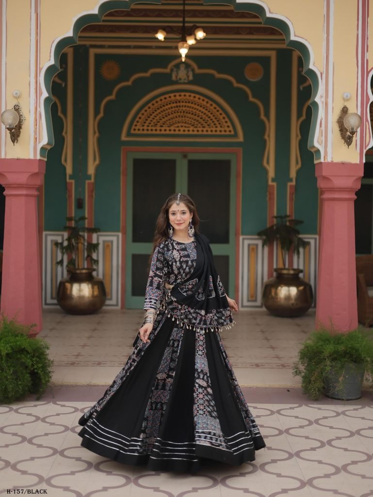 Navratri Gota Patti Lace Printed Rayon Black Lehenga Choli