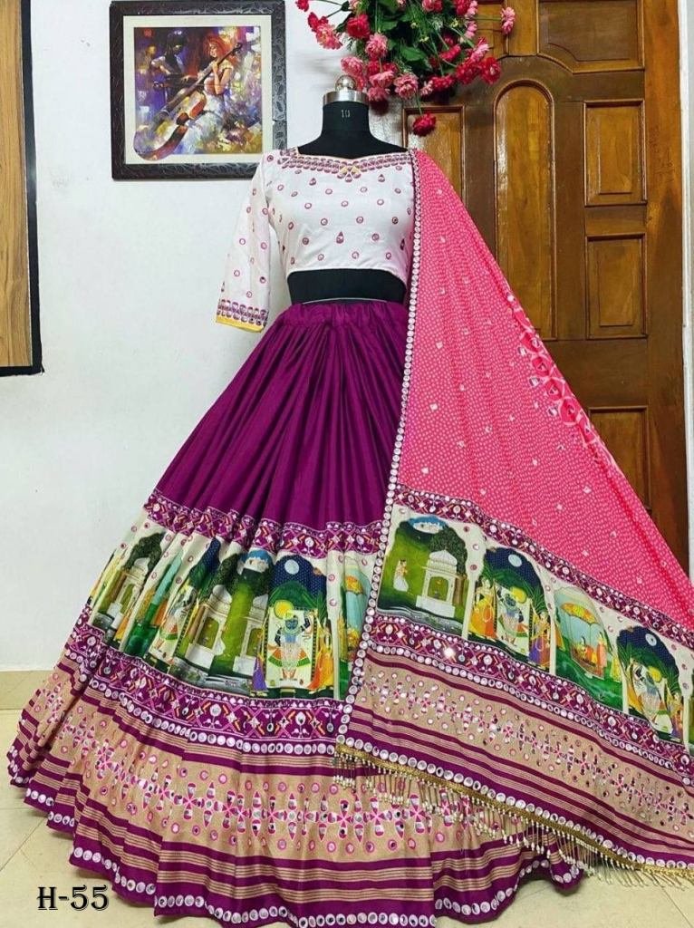 Navratri Silk Purple Lehenga Choli With Dupatta With Mirror Work