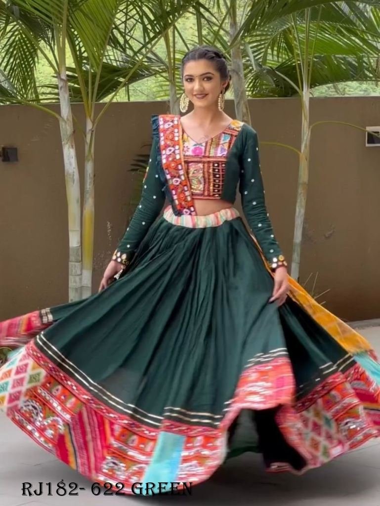 Navratri Special Green Rayon Real Mirror Work Lehenga Choli With Dupatta