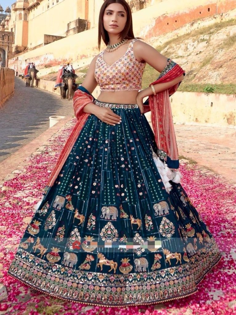 Navratri Special Navy Blue Georgette Multi Needle Work Lehenga