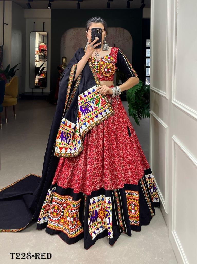 Navratri Special Red Pure Cotton Lehenga Choli Set With Gamthi Work