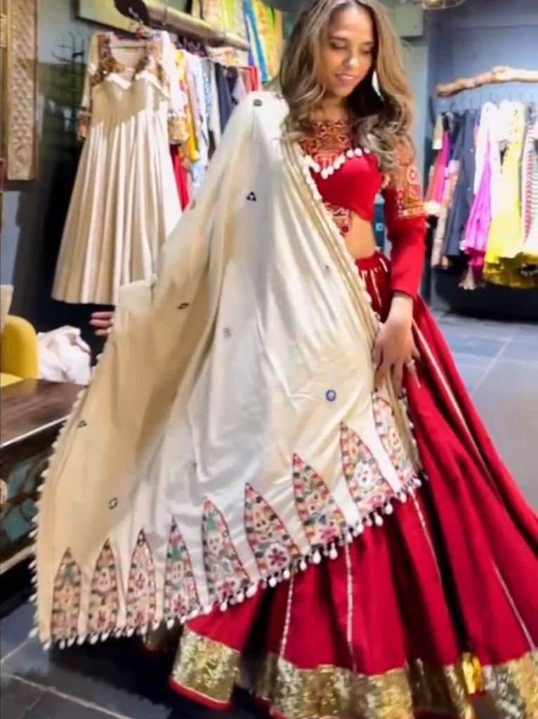 Navratri Style Rayon Silk With Kodi Lace Red Lehenga Choli Dupatta