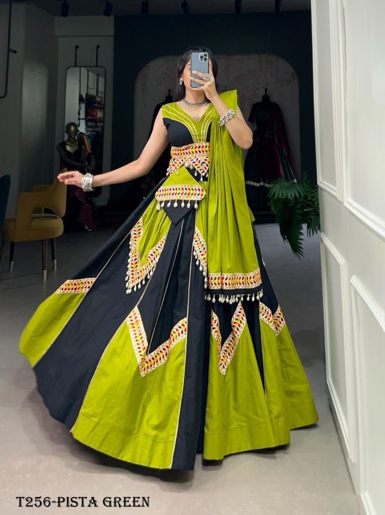 Navratri Wear Pista Green Pure Cotton Lehenga Choli