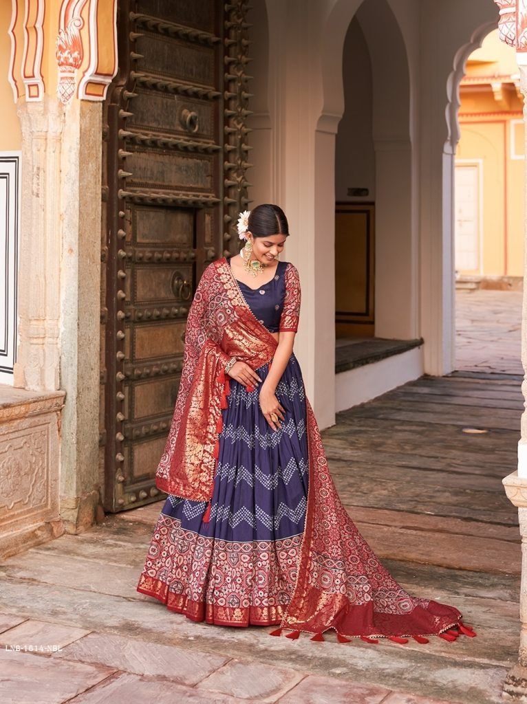 Navy Blue Ajarakh Printed Tussar Silk Lehenga Choli