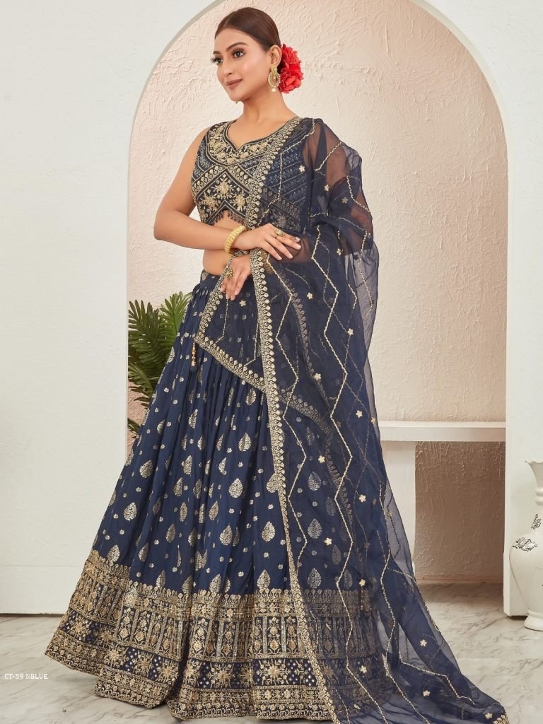 Navy Blue Jacquard Dola Silk Lehenga Choli Set