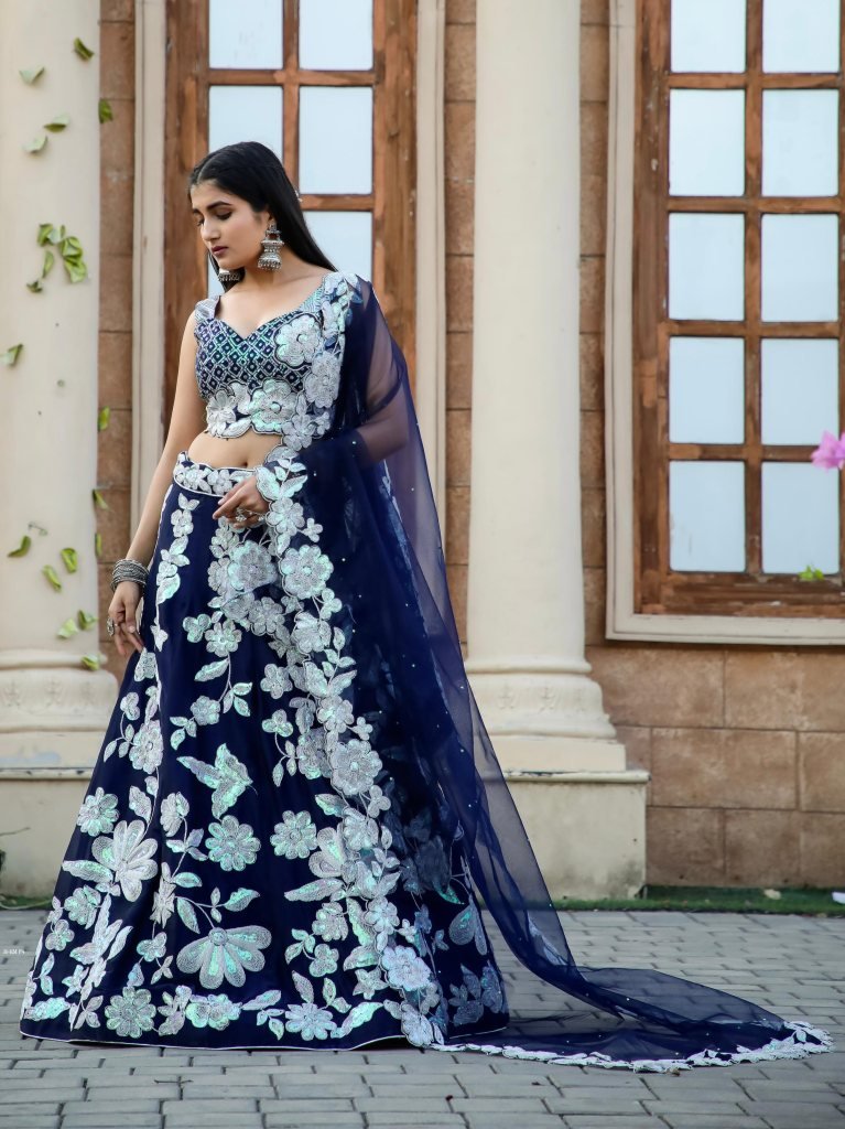 Navy Blue Kasturi Silk Georgette Lehenga With Sequence Work