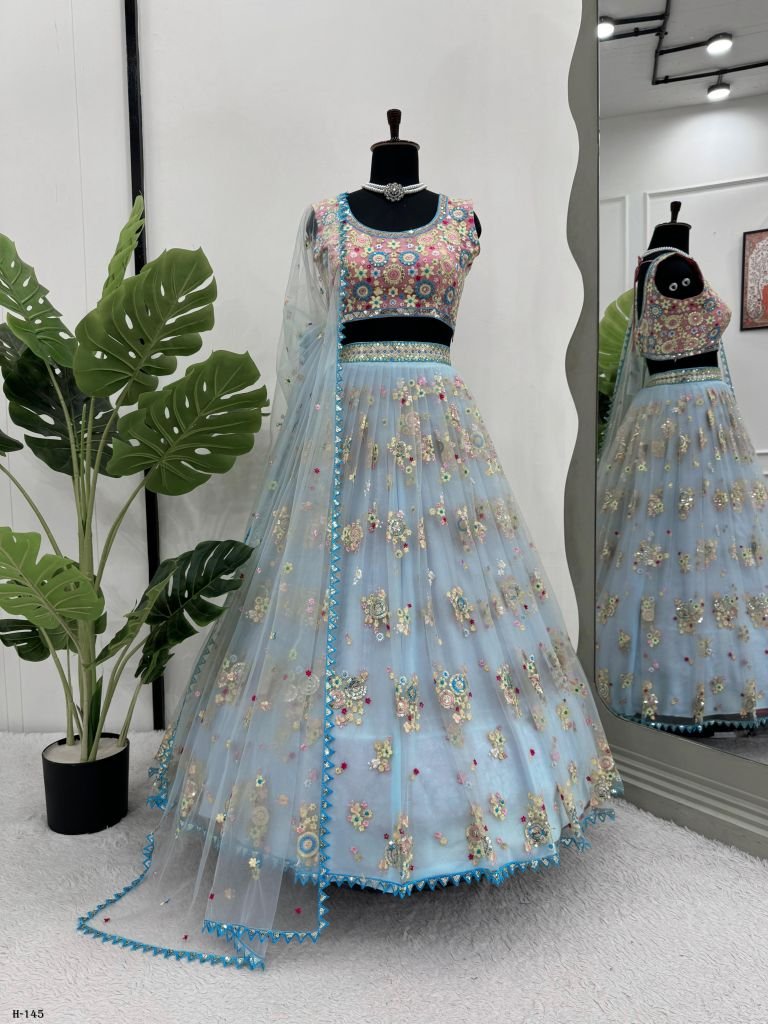 Net Sky Blue Lehenga Choli With Sequnce Work
