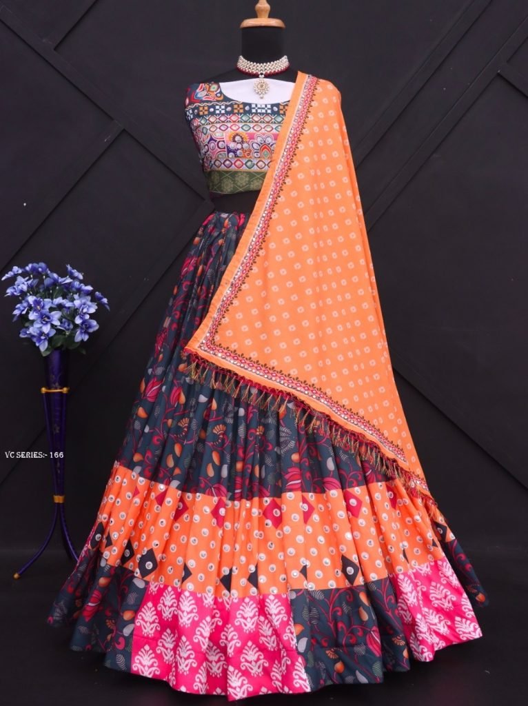 New Arrival Digital Print Muslin Cotton Semi Stitched Lehenga Choli For Navratri
