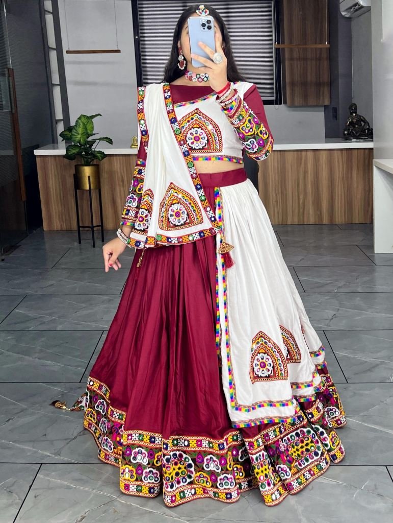 New Arrival Gamthi Patch Work Maroon And White Chaniya Choli