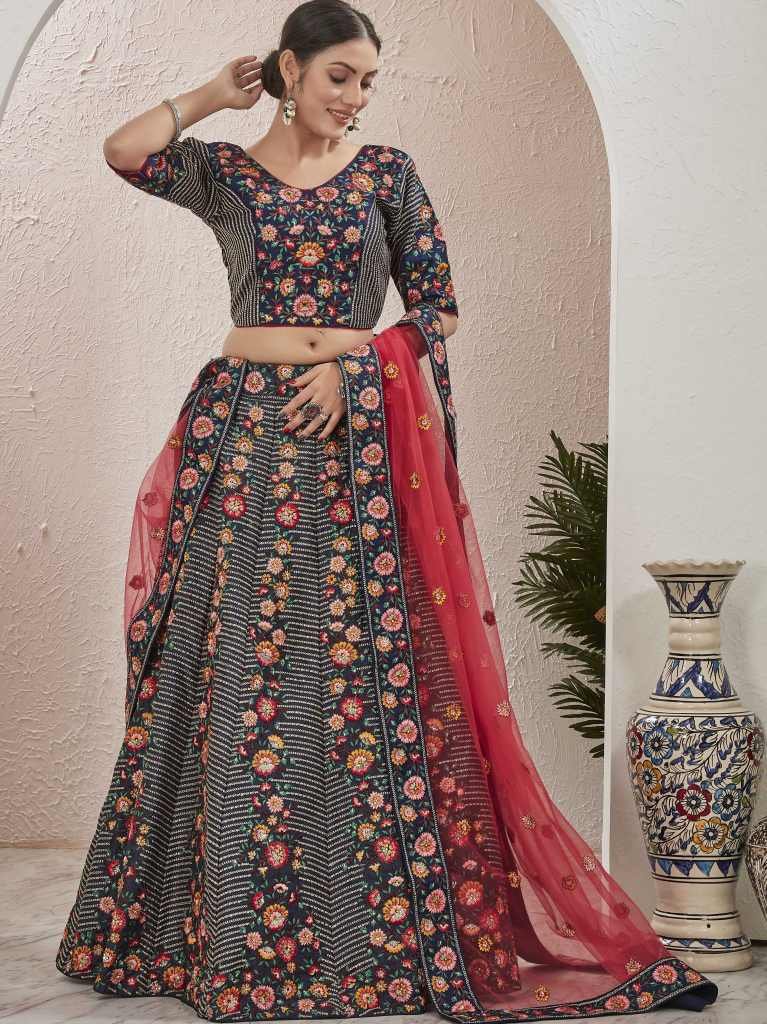 New Arrival Navy Blue Semi Stitched Jute Silk Lehenga choli