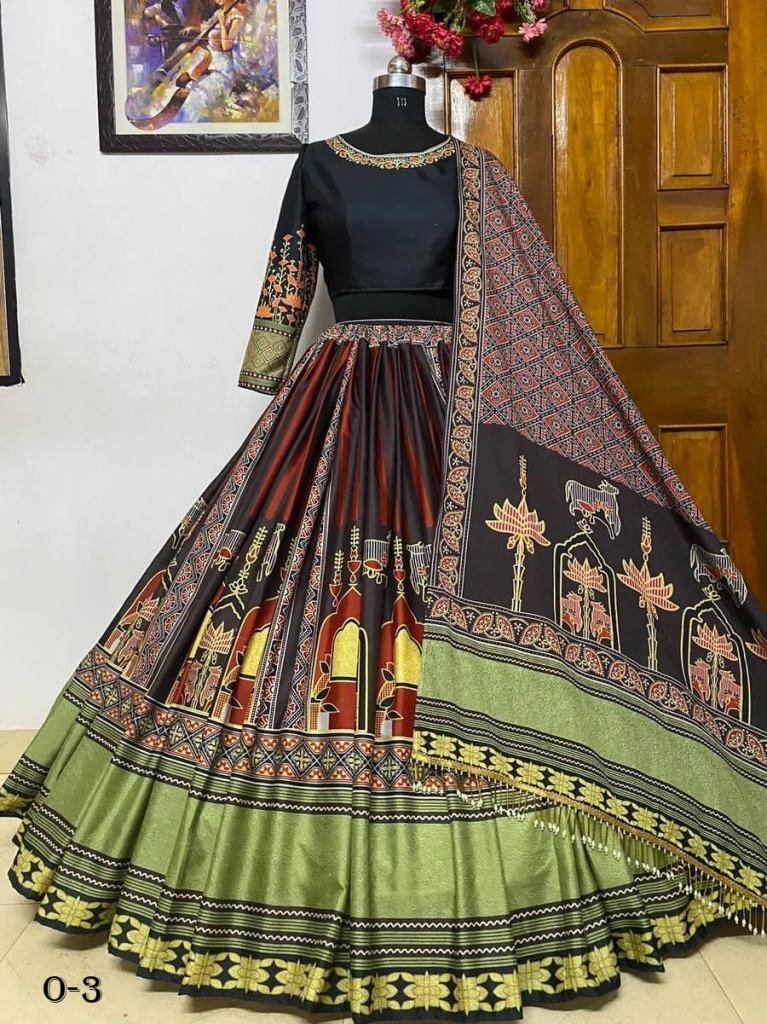 New Designer Butter Silk Digital Printed Black Lehenga Choli
