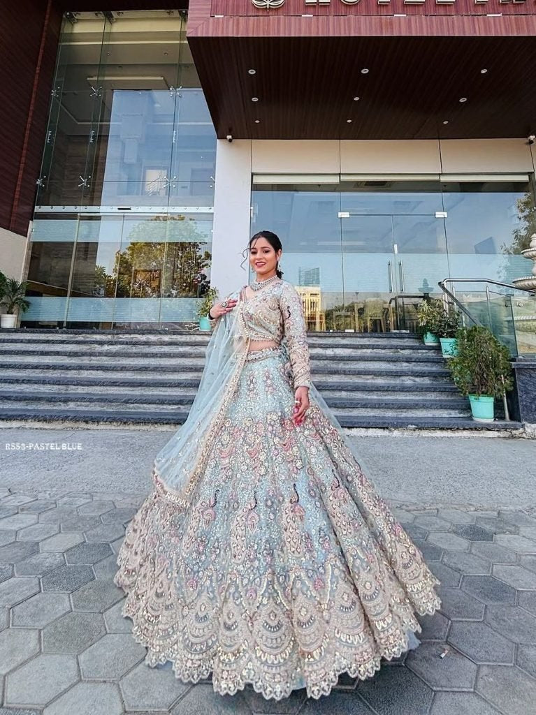 New Soft Butterfly Net Pastel Blue Lehenga Set