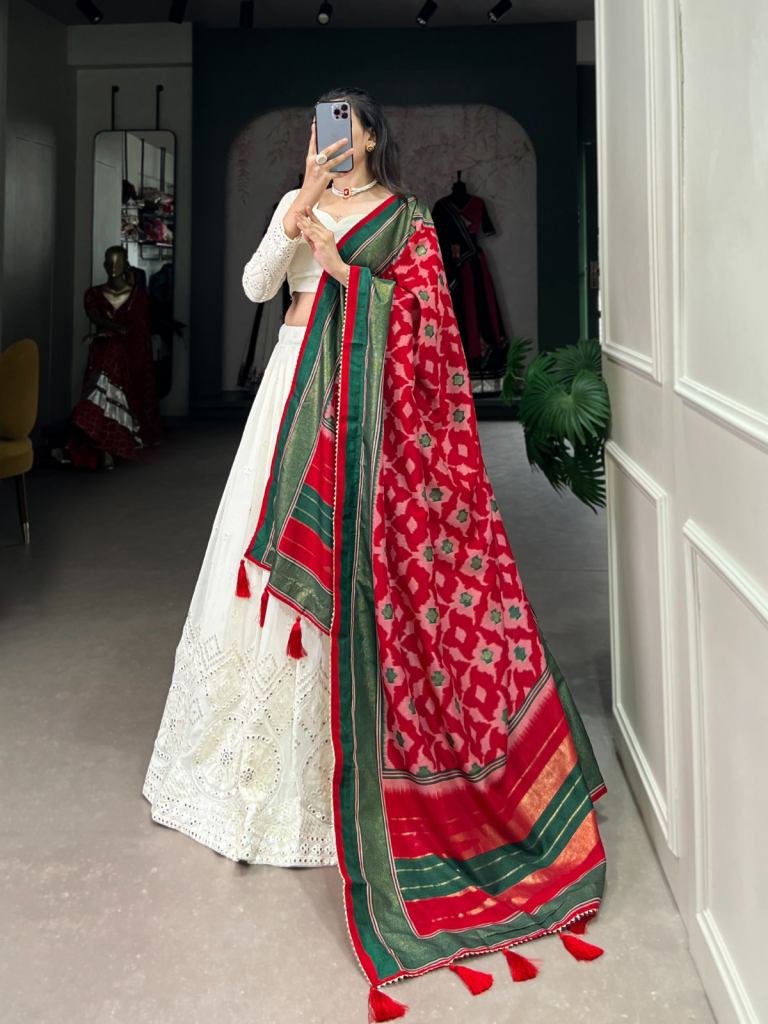 New White Lehenga With Gotta Patti Lace Dupatta