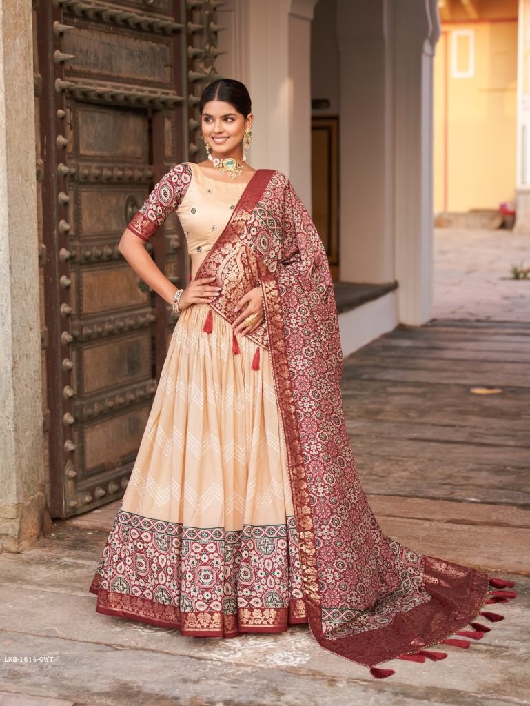 Off White Ajarakh Printed Tussar Silk Lehenga Choli