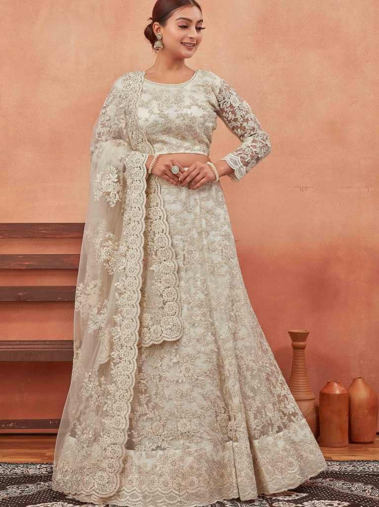 Off White Net Semi Stitched Wedding Lehenga choli