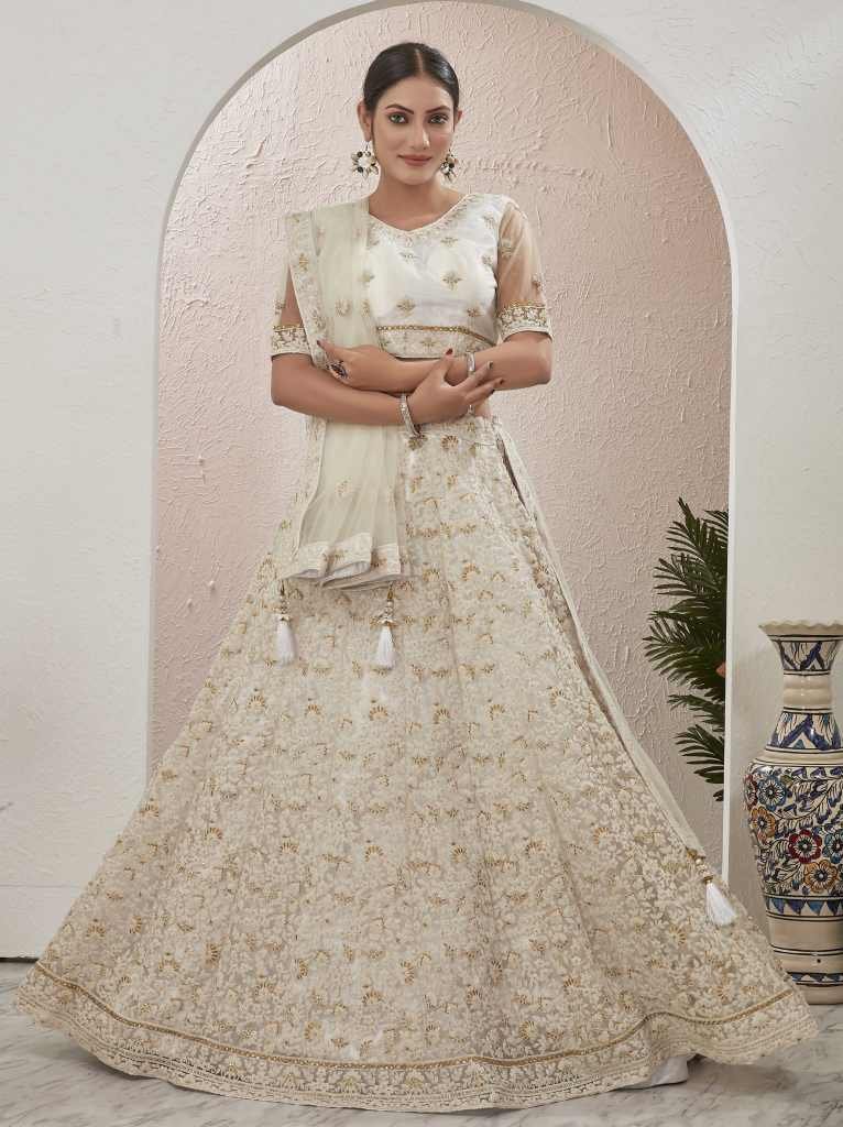 Off White Stone and Embroidered Work Net Lehenga choli