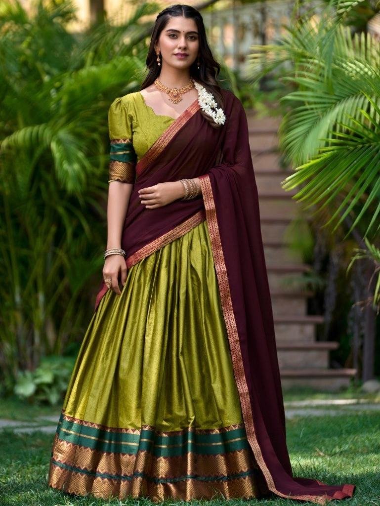 Olive Green Colour Zari Weaving Work Half Lehenga Saree