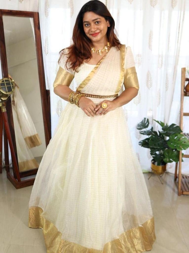 Onam Festive Wear Soft Organza Golden Border Lehenga With Blouse